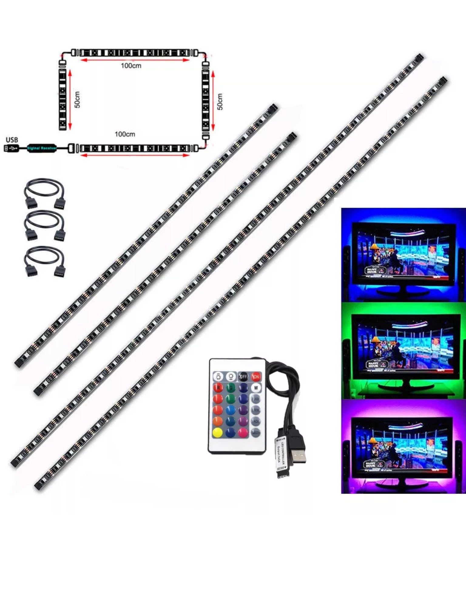 4 x 50CM TV LED Backlight USB 5050 RGB LED Strip Light Remote Kit 5V  30Leds/M US